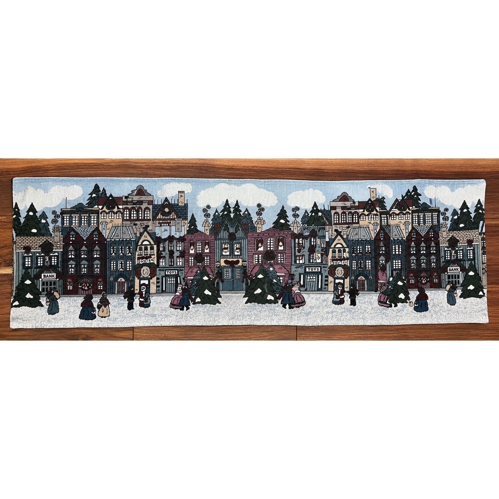Vtg Around the Town Christmas Tapestry Table Runner 37x12 USA NEW